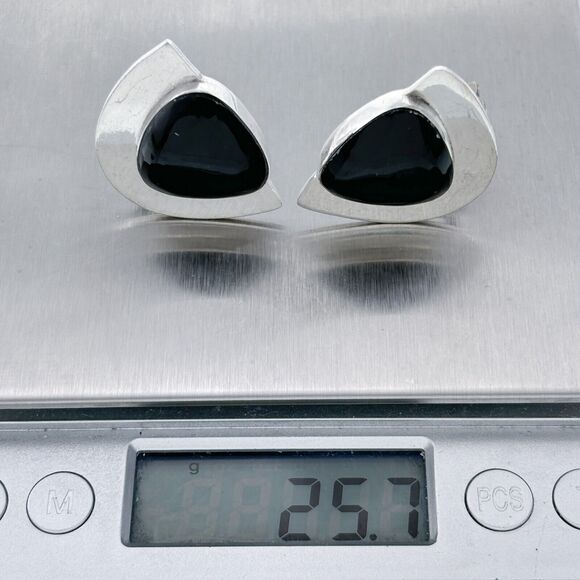 Vintage Sterling Silver 925 Black Onyx Modernist Clip-On Earrings - Picture 6 of 6